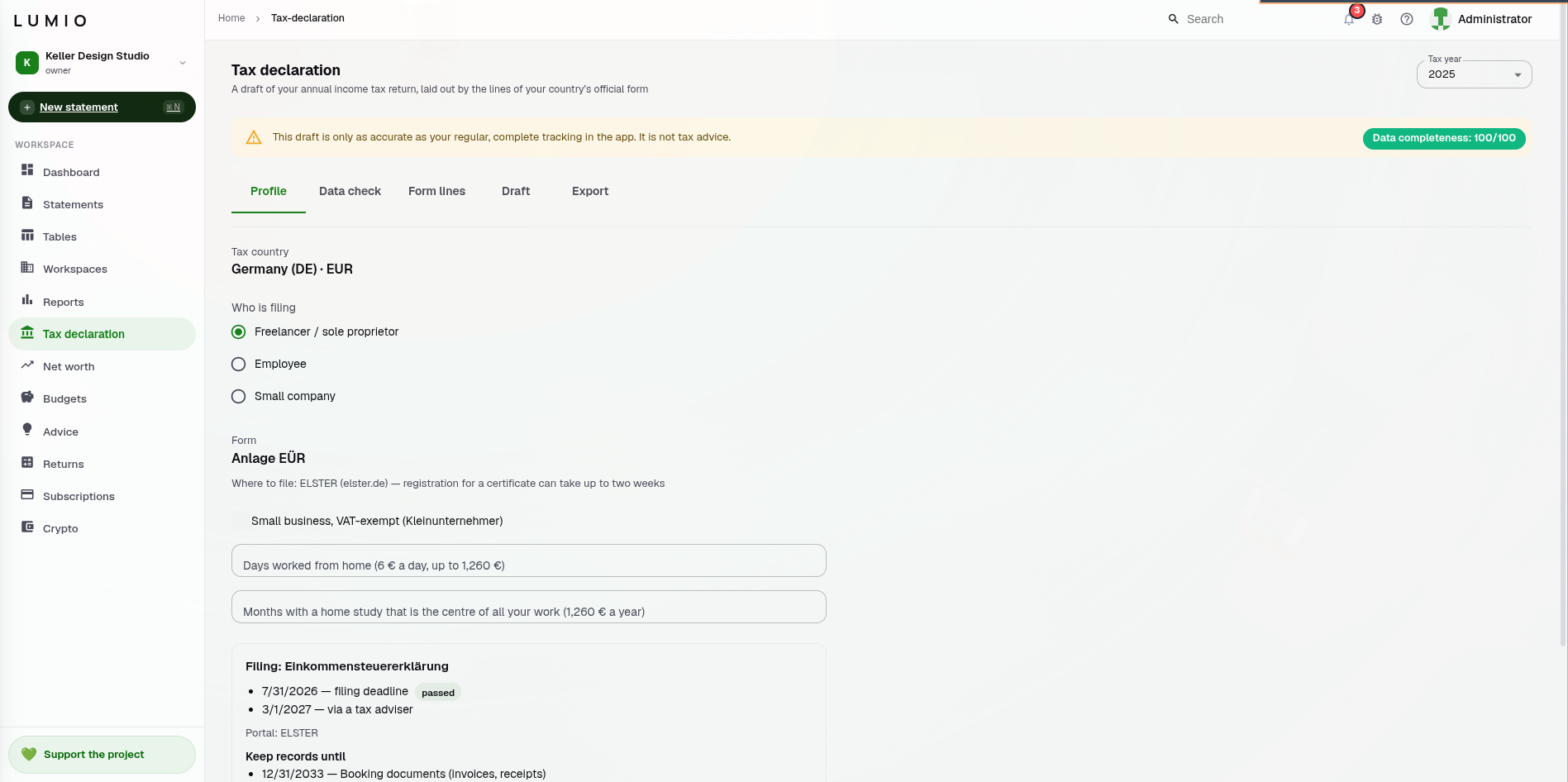Tax declaration profile step for a German freelancer filing Anlage EÜR